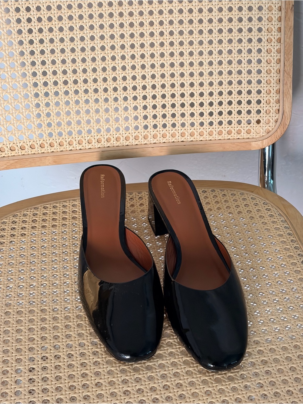 Reformation Black Patent Leather Block Heel Mules
